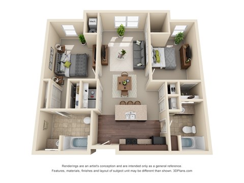 A 3D floor plan of a small apartment with a kitchen, living room, and two bedrooms.